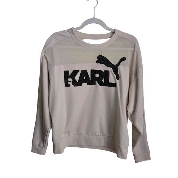 Puma X Karl Lagerfeld Crew Burch Logo Sweatshirt Ivory Glitter Logo Mesh Size L - Picture 2 of 9